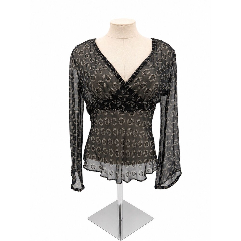 Willi Smith Silk Sheer Blouse Top Black Print Beaded Size Small Y2k